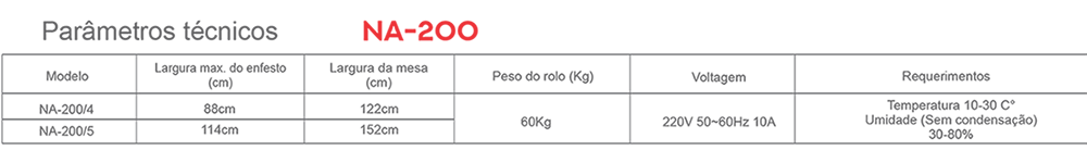 Parâmetros Técnicos Enfestadeira Eletrônica Tubular NA-200